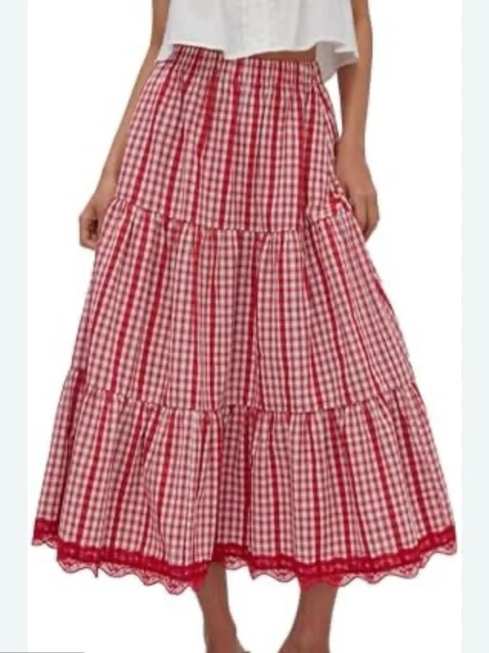 Cider adorable Red gingham midi skirt with lace trim med - Picture 1 of 8